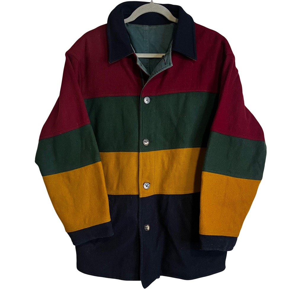 Vintage Colorblock Wool Blend Chore Coat Jacket Multi Color Striped XL